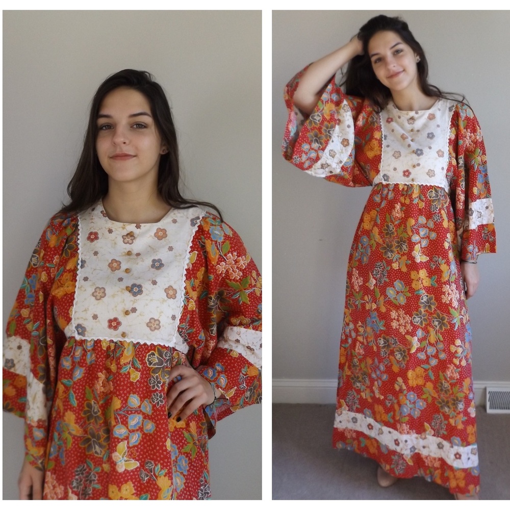 1970s Vintage Boho Orange Floral Kimono Maxi Dress